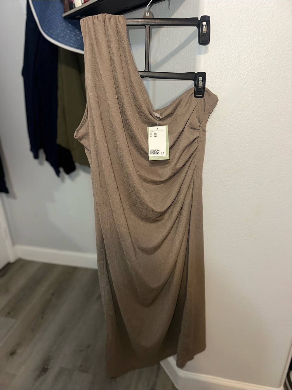 H&M One-Shoulder Draped Dress in Taupe